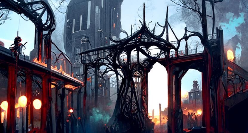Ornate Industrial Cityscape with Victorian Witchcraft Elemen...