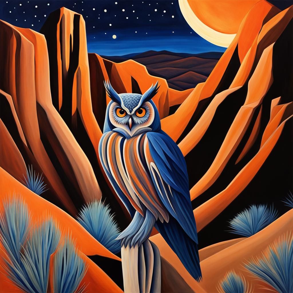 Owl in Desert Canyon, O'Keeffe Style Painting
