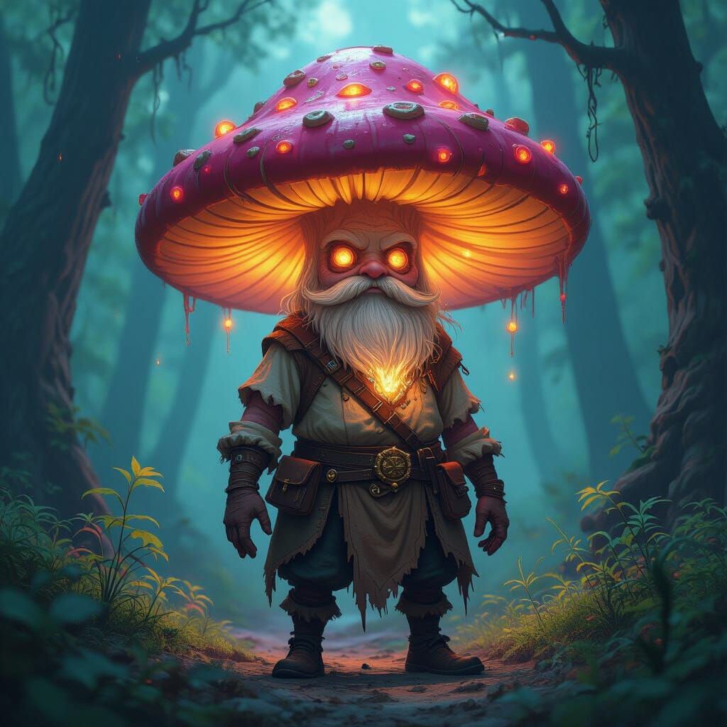 Mushroom Adventurer in Mystical Forest, Dark Fantasy Art
