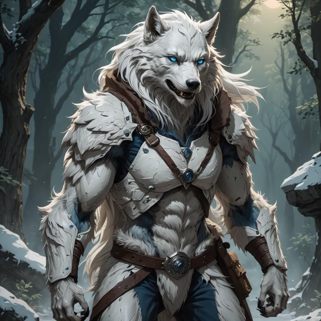 White Werewolf with Blue Eyes in Anime Style