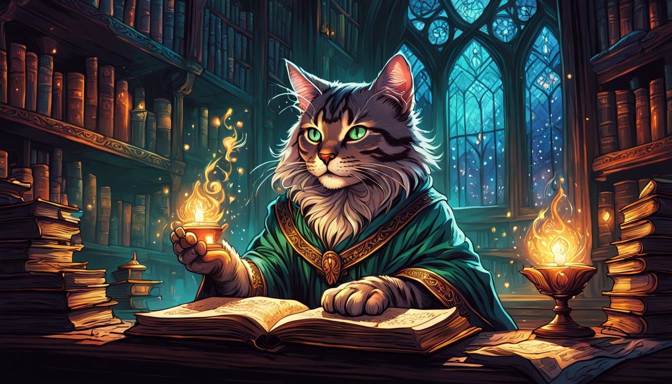 Mystical Cat Wizard in Ancient Library