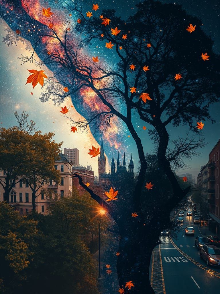 Galaxy Drips into Cityscape Silhouette Princess Head