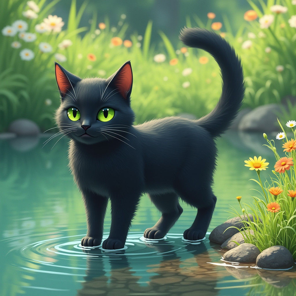 Cat at Lake Edge in Futuristic Realism Style