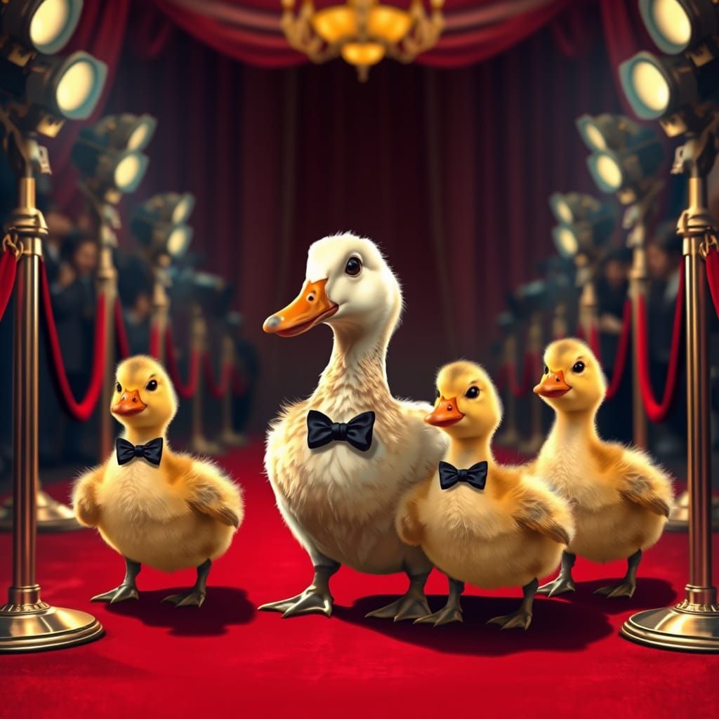 Mother Duck and Adorable Ducklings Strut Red Carpet