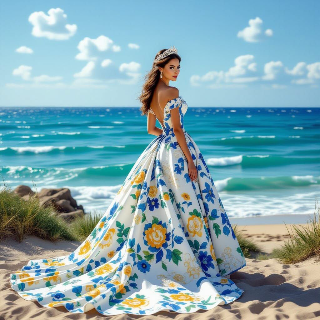 Elegant Woman by the Ocean in Van Gogh Style