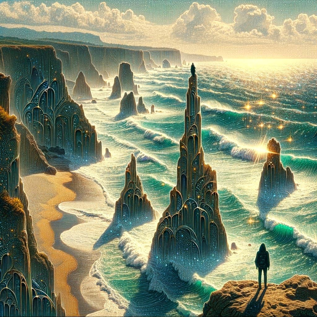 Watercolor Coastal Landscape with Kintsugi Embellishments