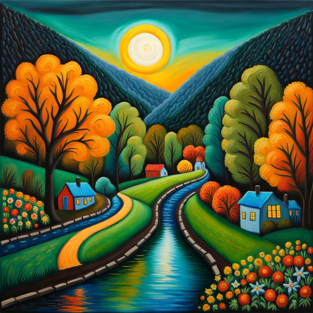 River Runs Through Street: Naive Art Painting