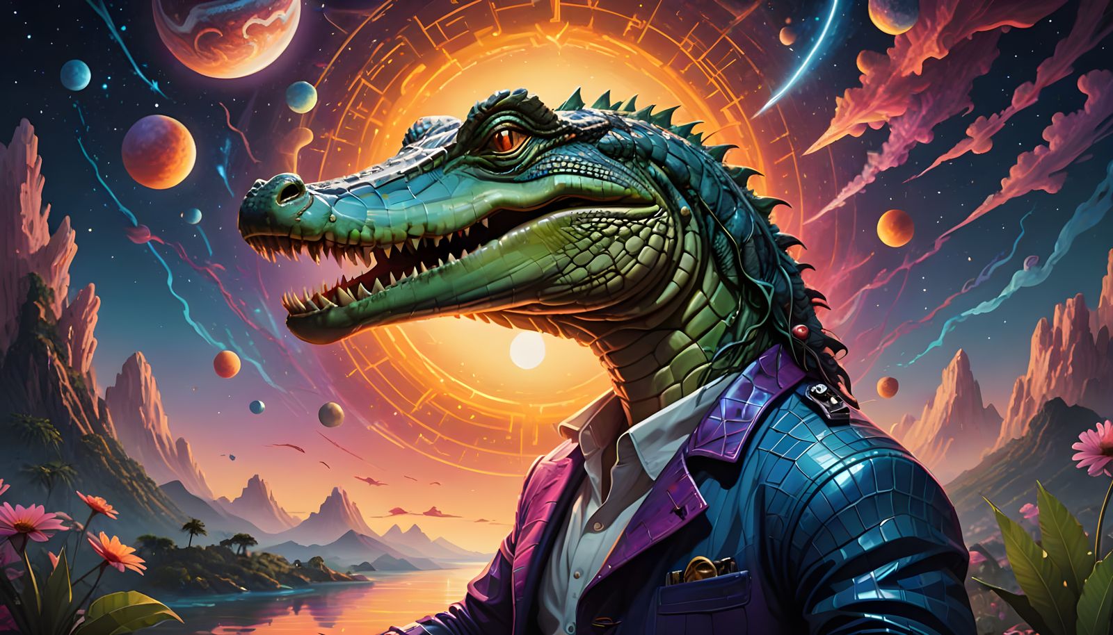 Cosmic Crocodile in Vibrant Dreamscape