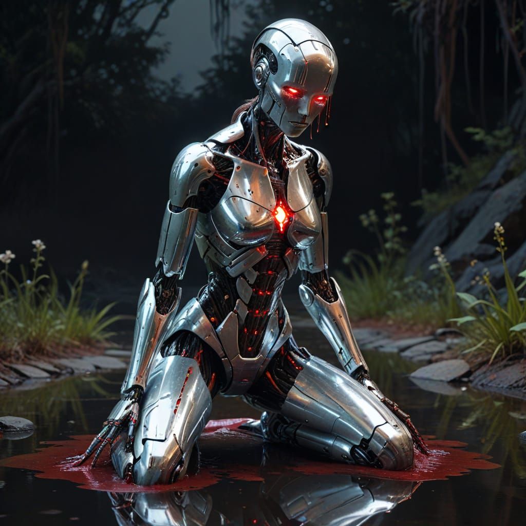 Sad Robot Kneeling in Blood: Futuristic Chrome Art