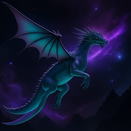 Violet Dragon Soaring Through Nebula in Digital Art