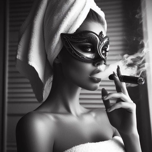 Masked French Woman Smoking Cigar, Black and White
