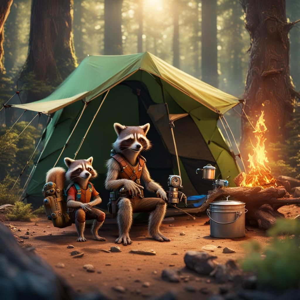 Rocket Racoon and Groot Camping: Detailed Matte Painting