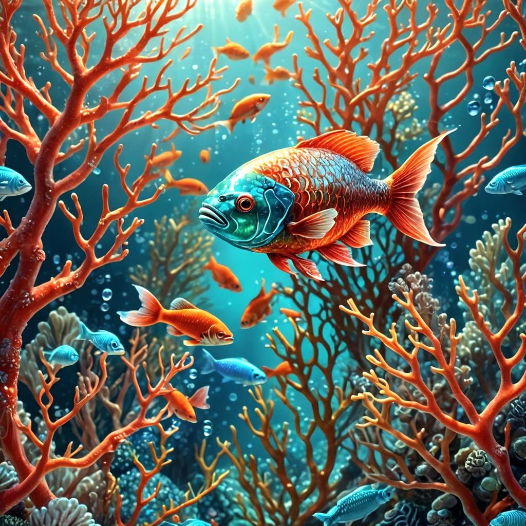 Iridescent Glass Fish Swimming Among Coral: 3D Render