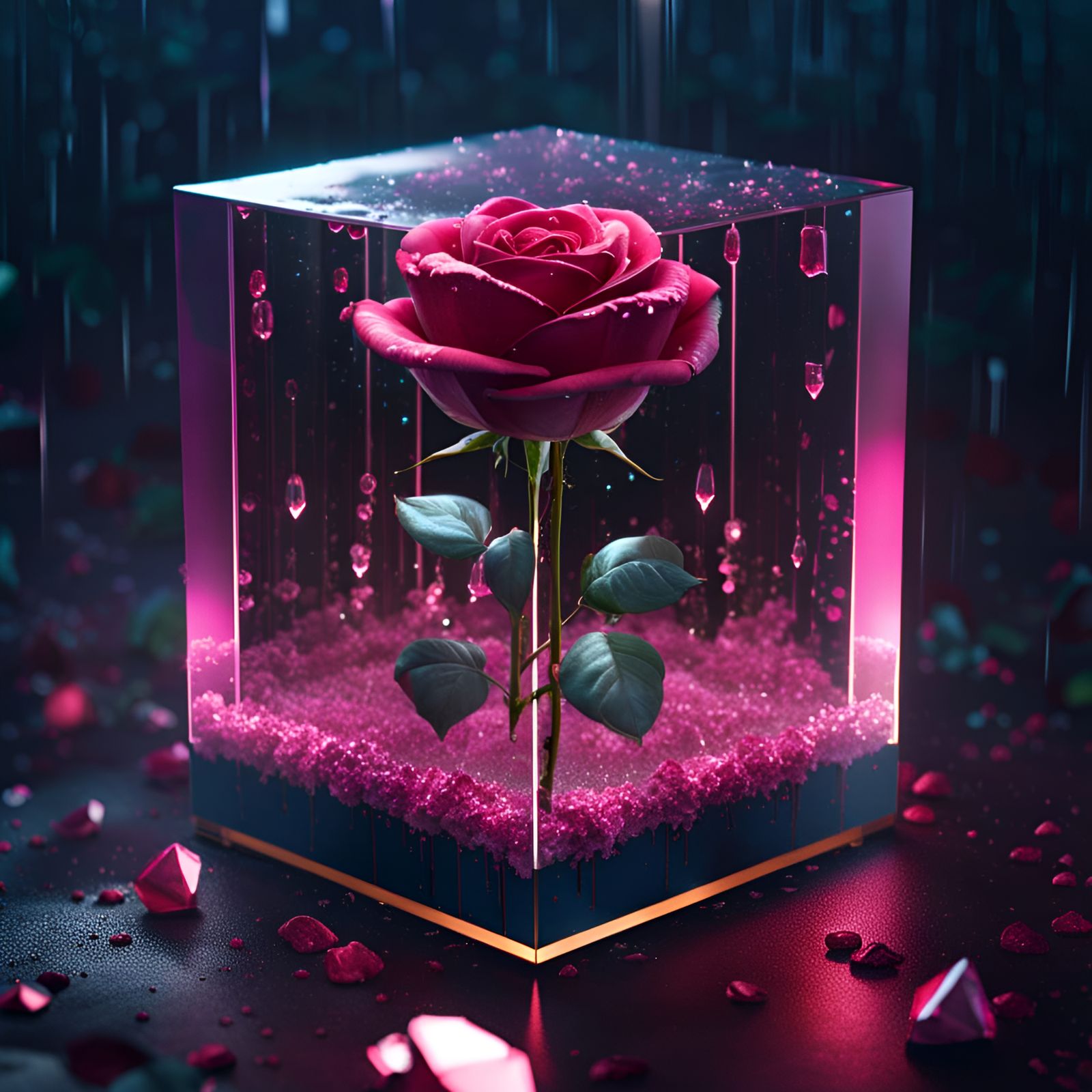 Rose in Crystal Cube: Detailed Matte Painting