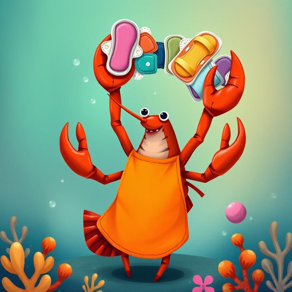 Whimsical Lobster with Menstrual Pads in Miyazaki Style