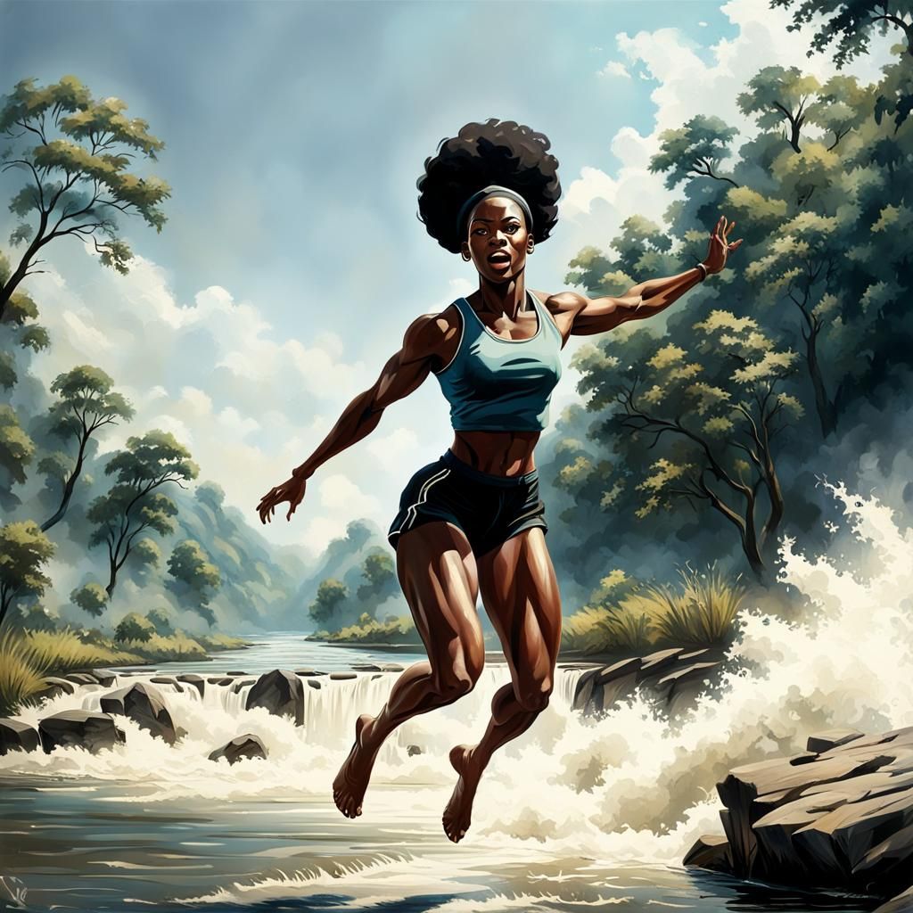 Muscular Woman Leaps Across River in 1960s Scene