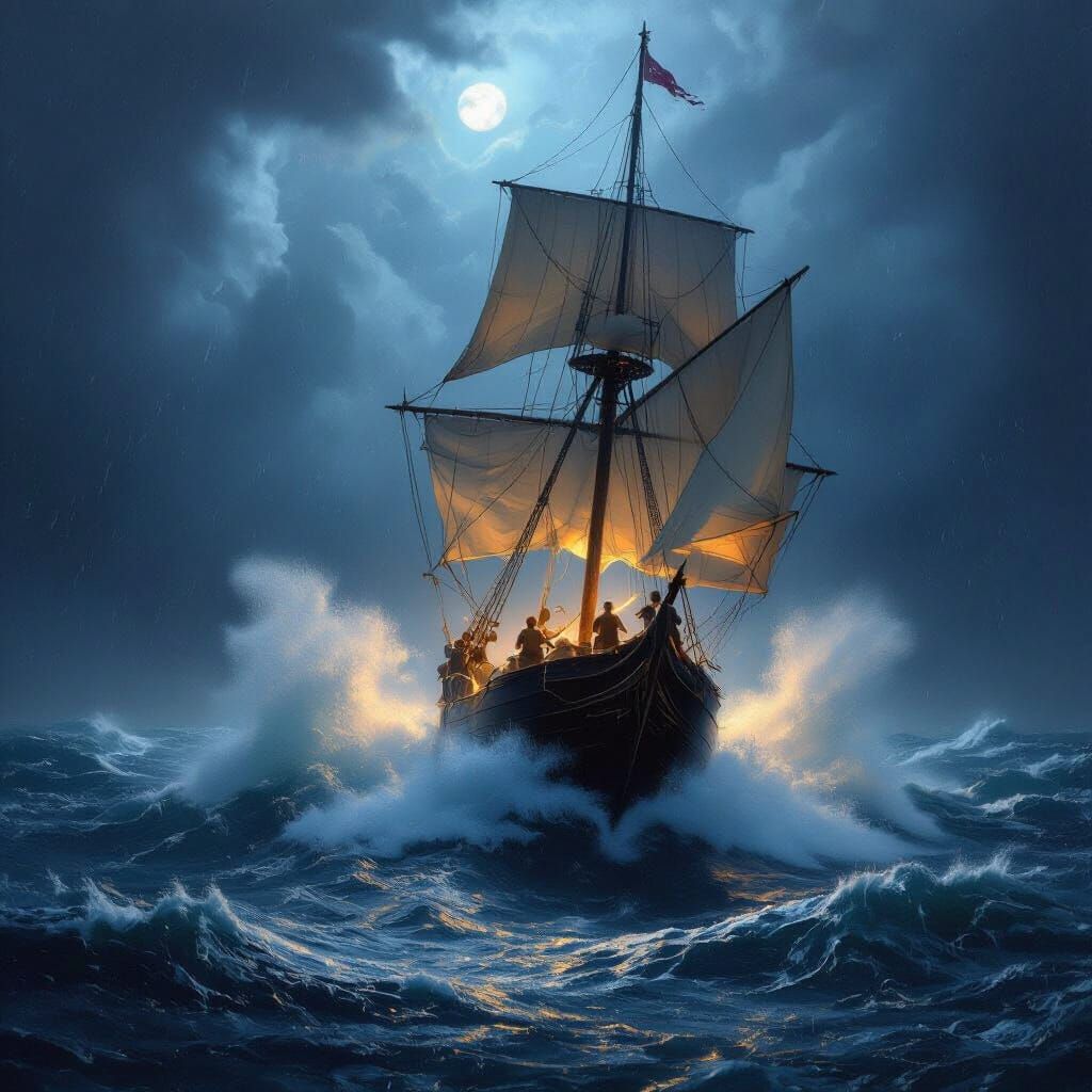 Ship Battles Stormy Seas at Night in Ethereal Fantasy Style