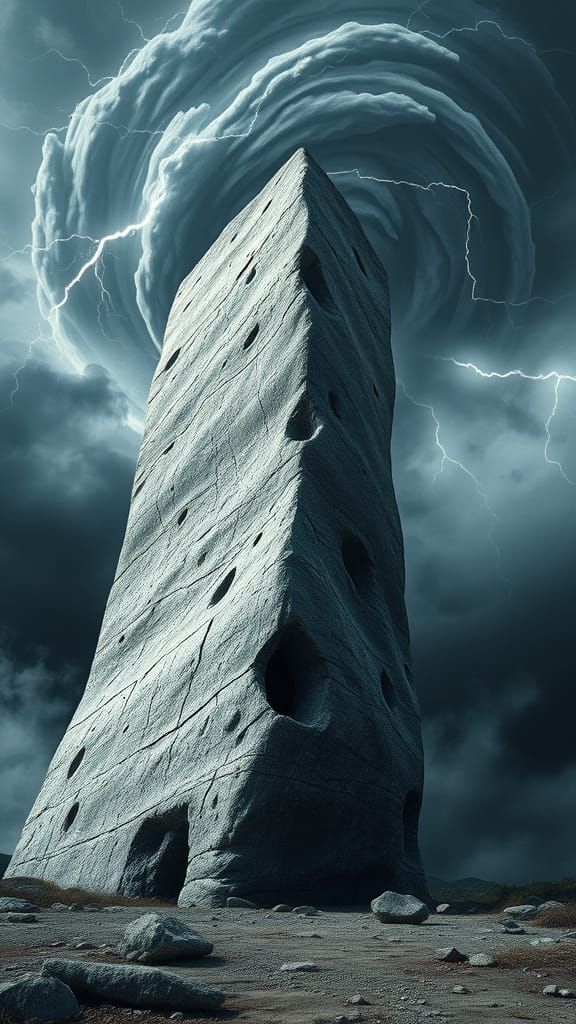 Gothic Stone Monolith Under Dark Stormy Sky