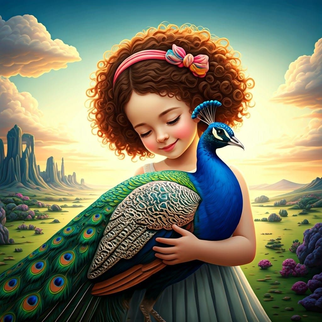 Surreal landscape made of plasticine: smiling girl holding a...