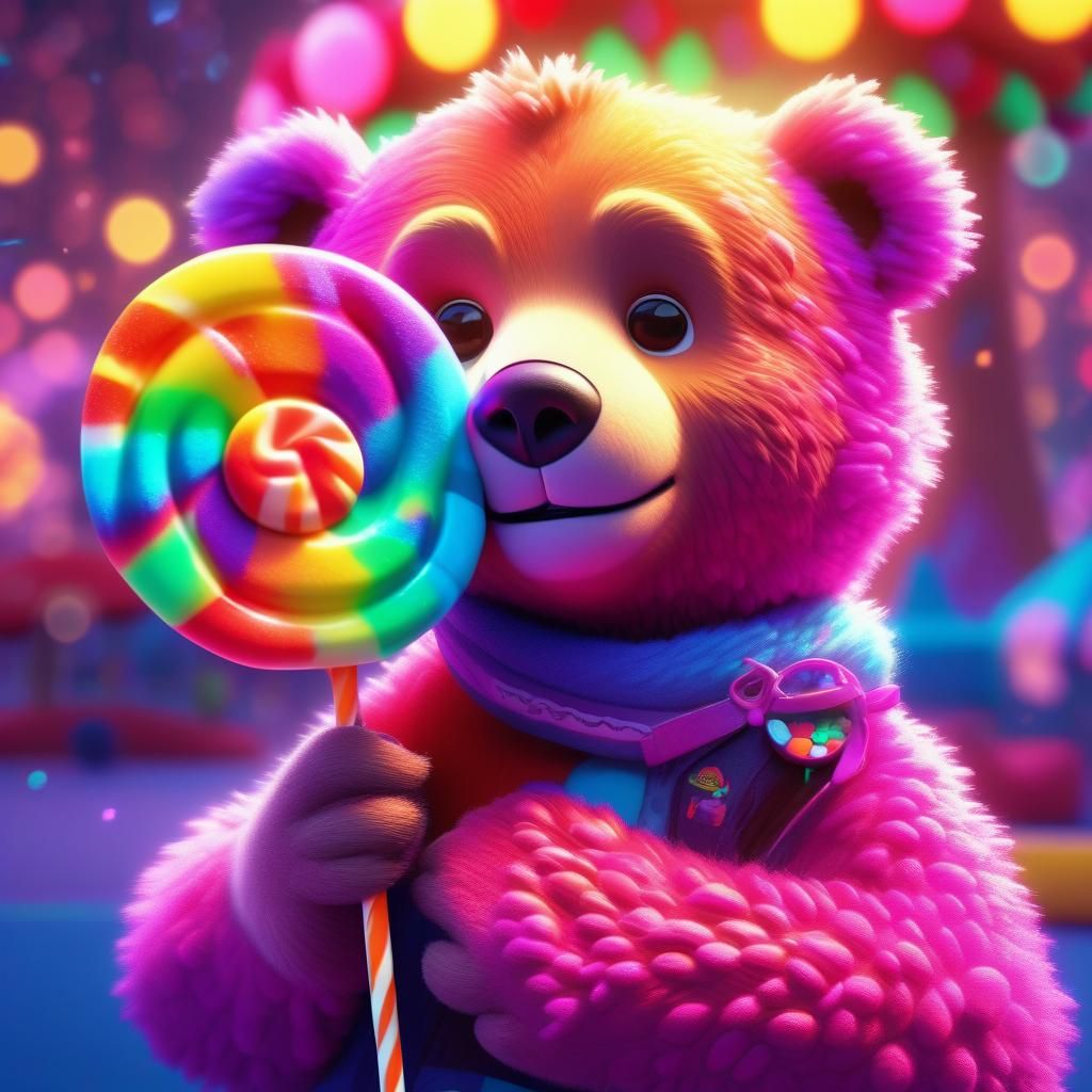 Fuzzy Bear Hugs Lollipop: Pixar-Inspired 3D Art