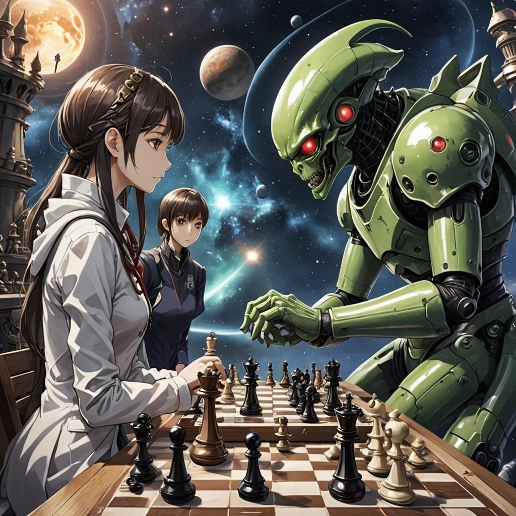 Chess Game: Human Versus Alien in Anime Style