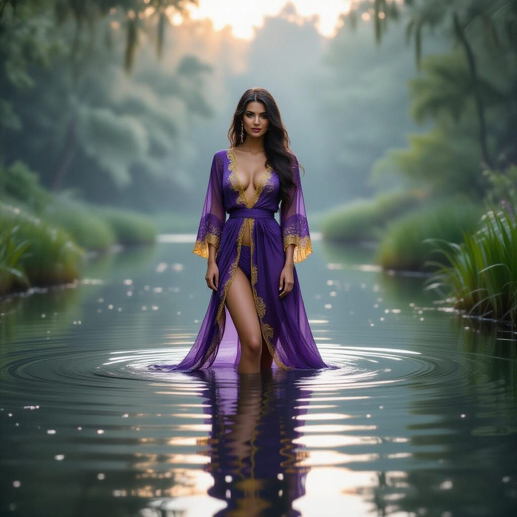 Misty Reflection: Woman in Purple Lace Robe
