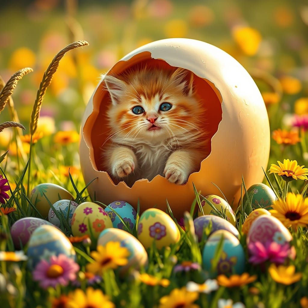 Chubby Kitten Emerges from Vibrant Egg in Blooming Meadow