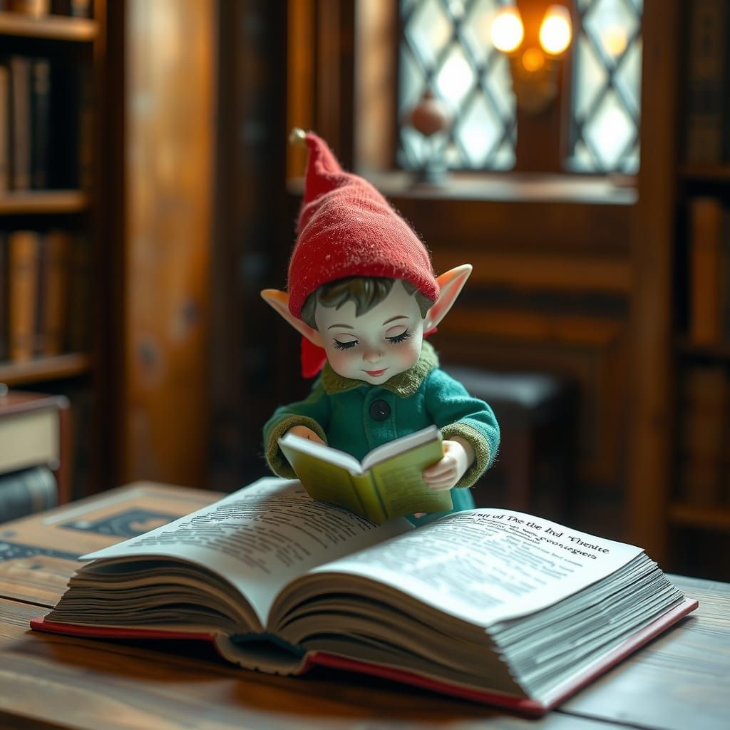 Elf in Cozy Library Reading Ancient Tome