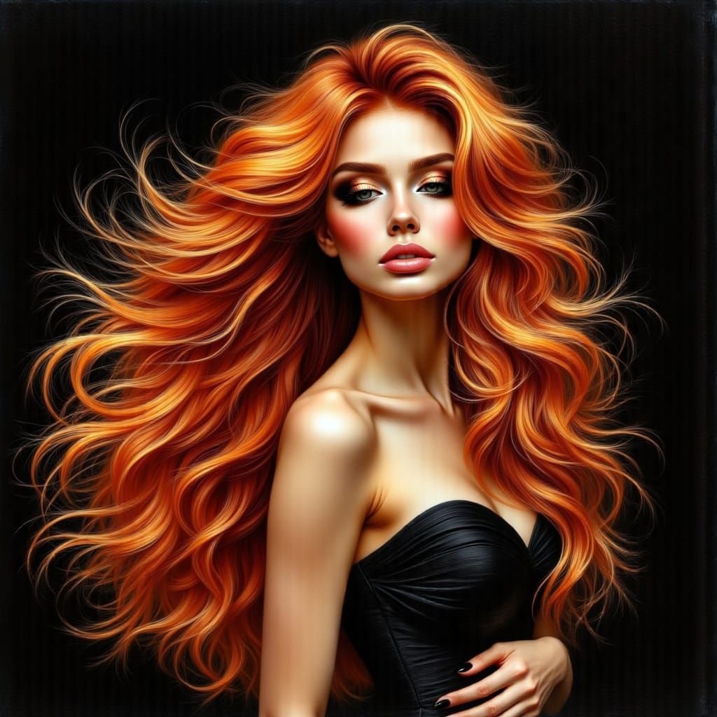 Beautiful Woman with Flowing Hair, Watercolor and Acrylic