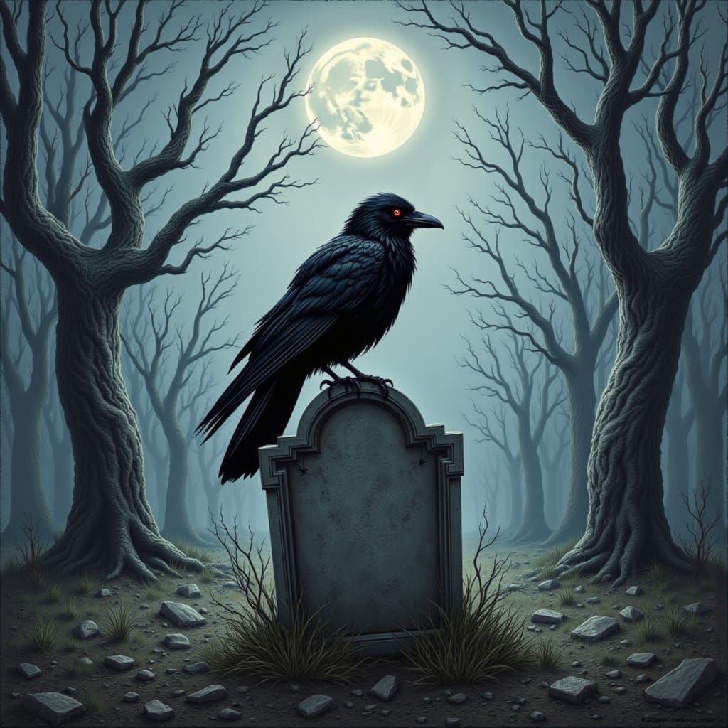 Gothic Raven on Tombstone in Moonlight Graveyard