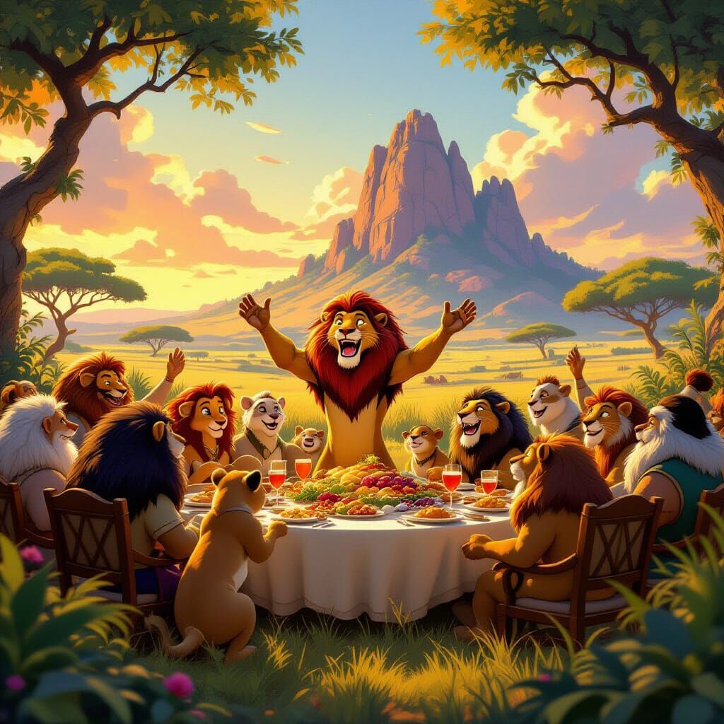 Lion King Simba Celebrates Victory with Savanna Feast