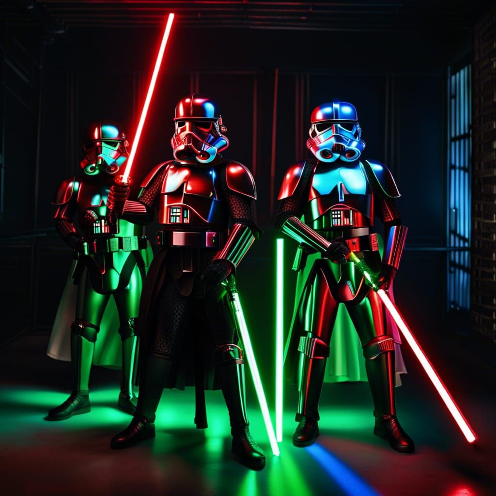 Two Star Wars stormtroopers & Darth Vader hyperreal 8k High Definition wearing mediaeval looking stormtrooper style outf...