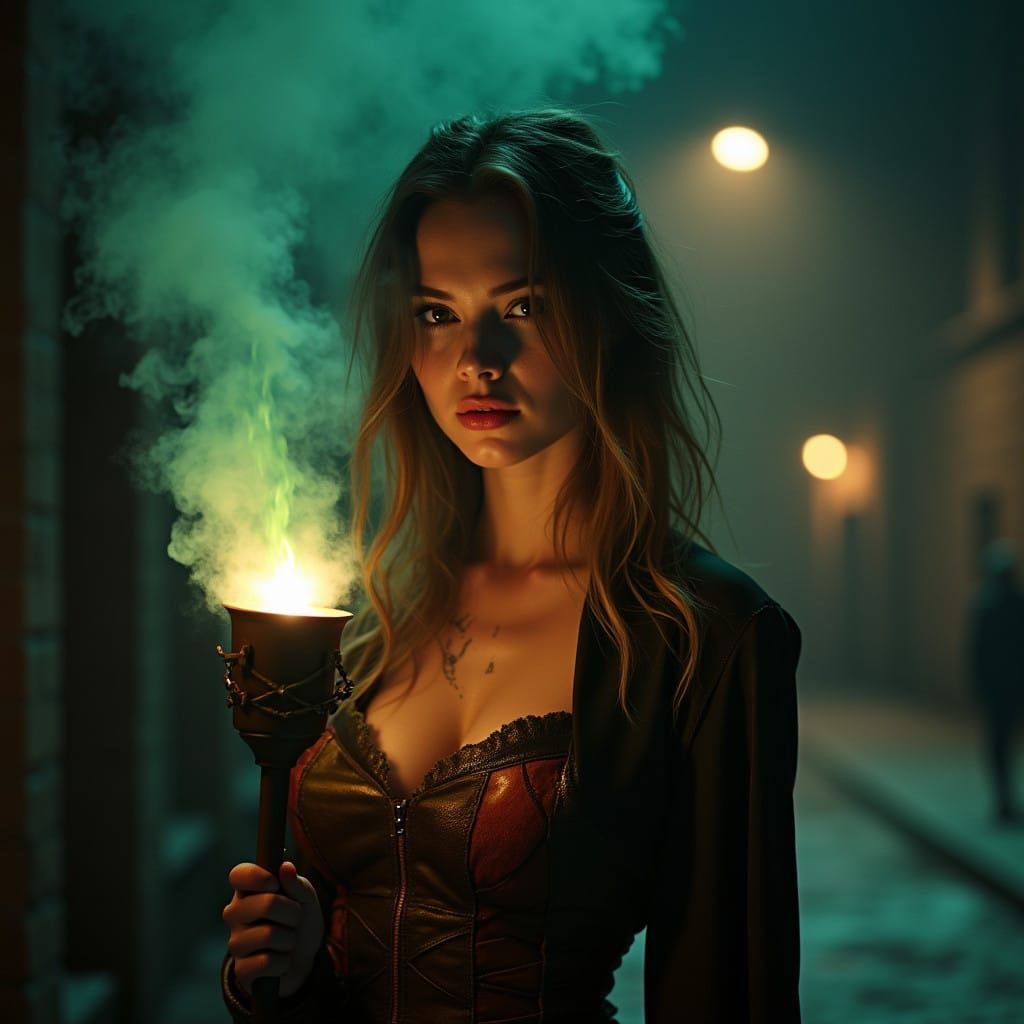 Confident Medieval Woman Illuminated by Ethereal Flame