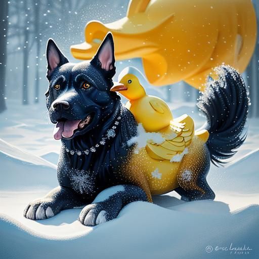 Giant Dog Plays with Duck in Snowy Landscape