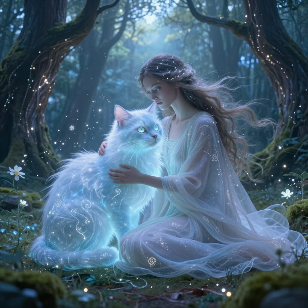 Mystical Woman and Luminous Cat in Enchanted Forest