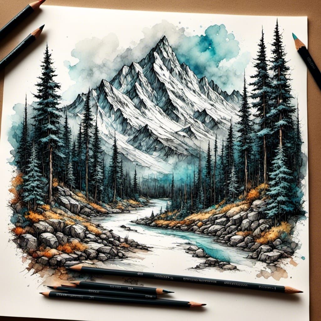 Whimsical Snowy Mountain Sketch in Digital Illustration Styl...