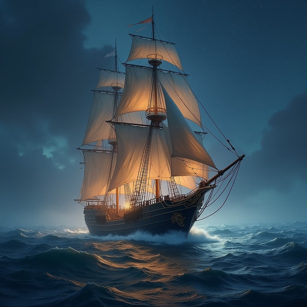 Sailing Ship Navigating Starry Ocean as Matte Painting