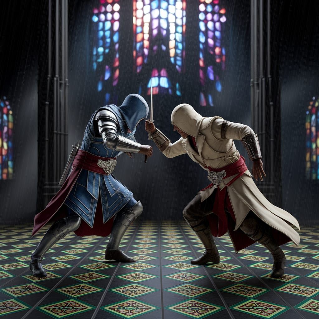 Templar Knight vs Assassin Chess Battle in Splash Art Style