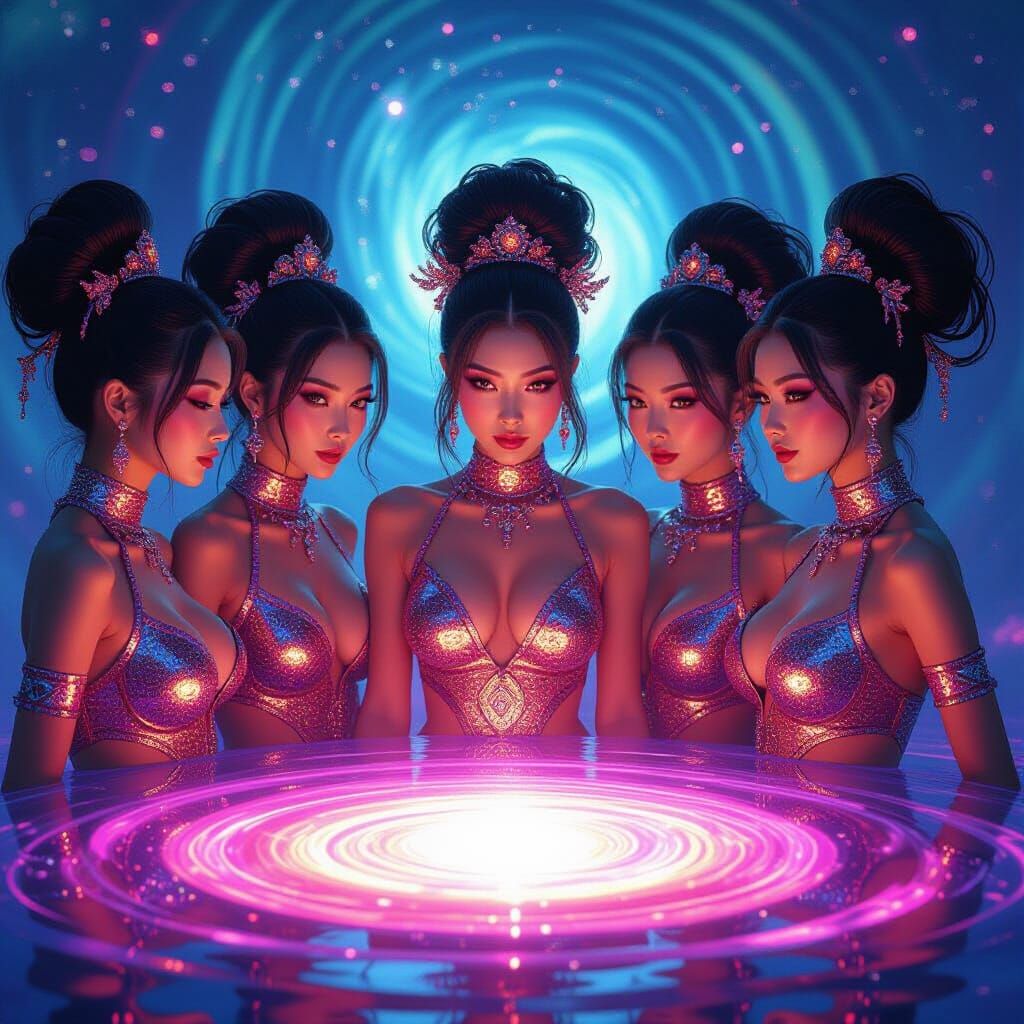 Psychedelic Women on Cygnus X1 in Futuristic Style