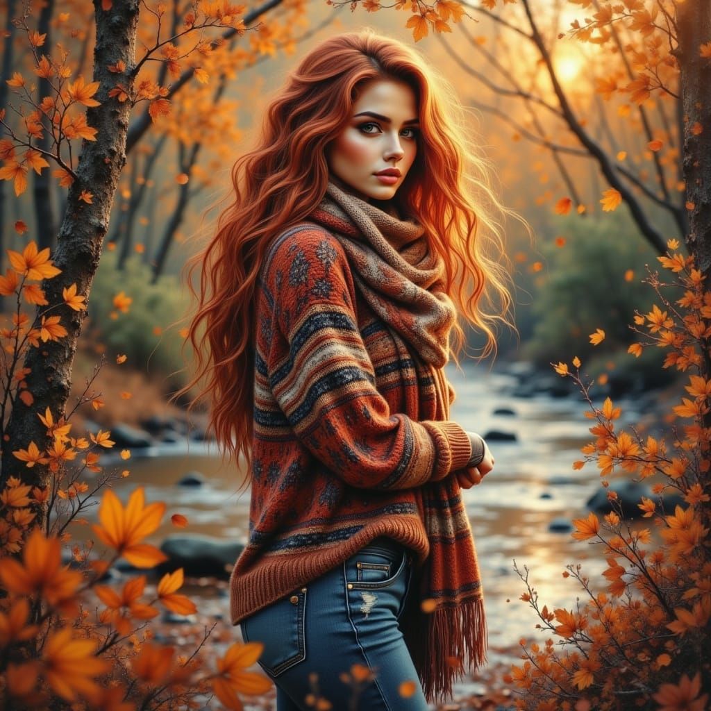 Woman Enjoying Autumn Leaves by Stream, Hyperrealistic Style