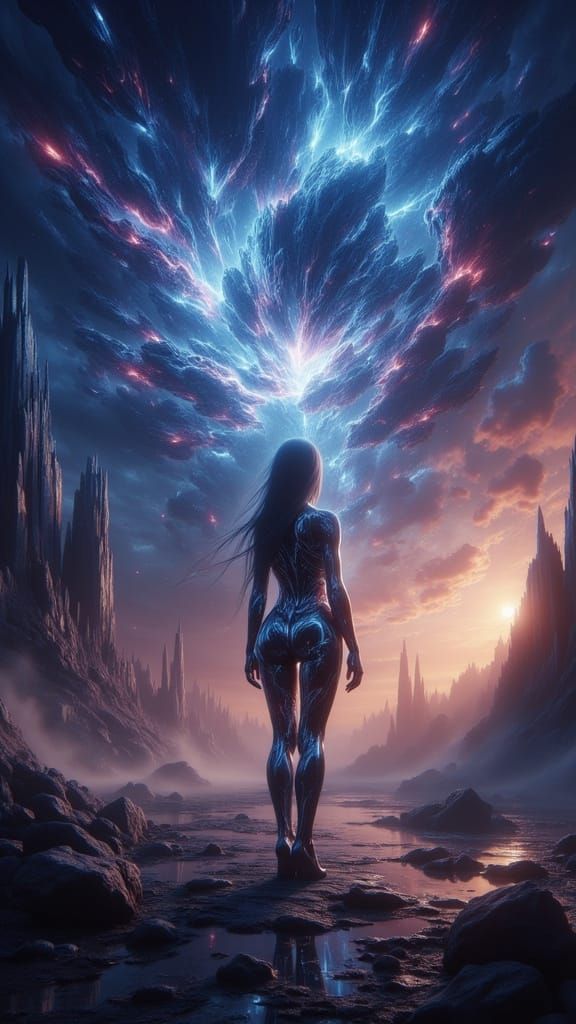 Cybernetic Woman on Alien Planet Under Nebula Sky
