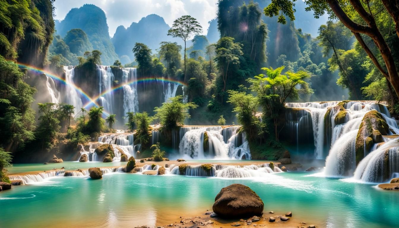 Breathtaking Kuang Si Falls with Rainbow