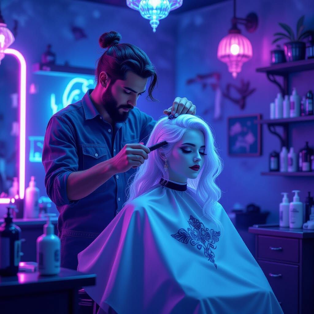 Spectral Barber in Neon Salon, Art Nouveau Style