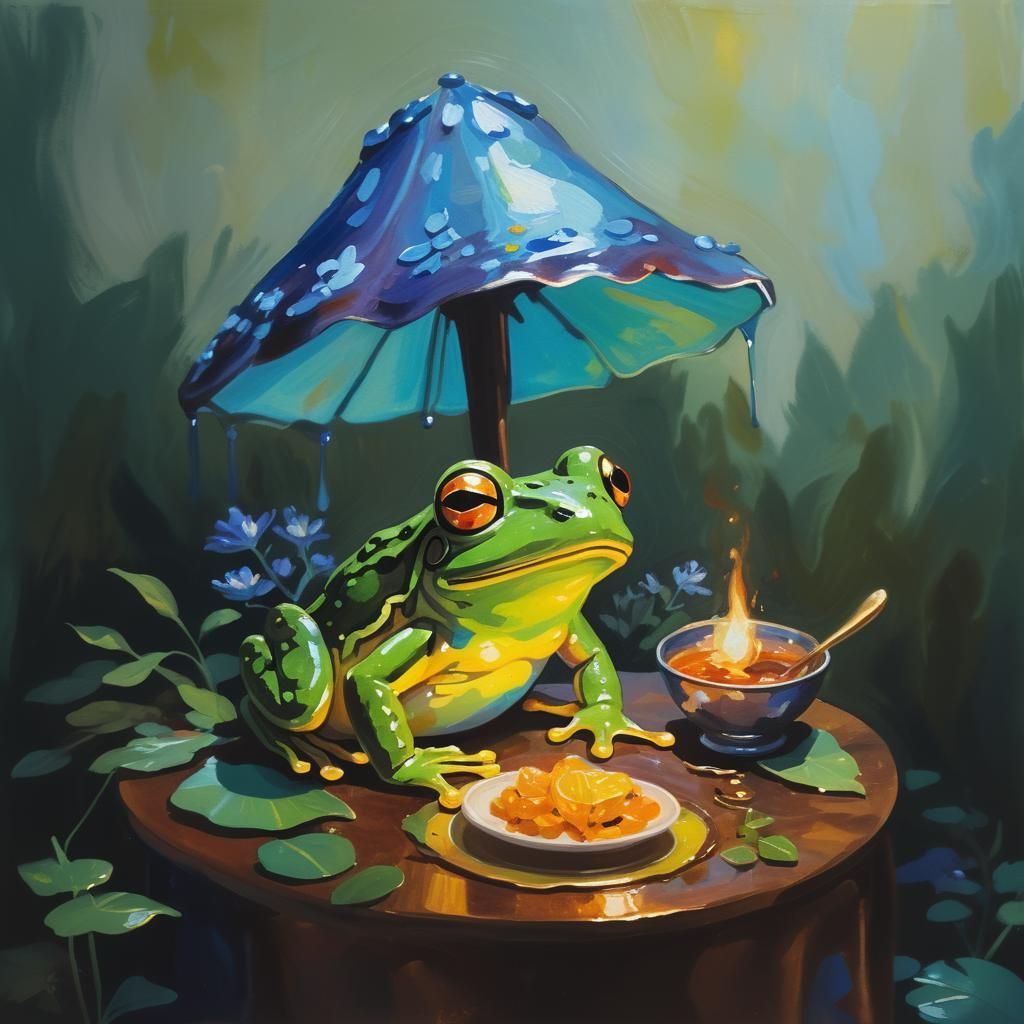 Magical Frog's Dinner: Vibrant Gouache Illustration