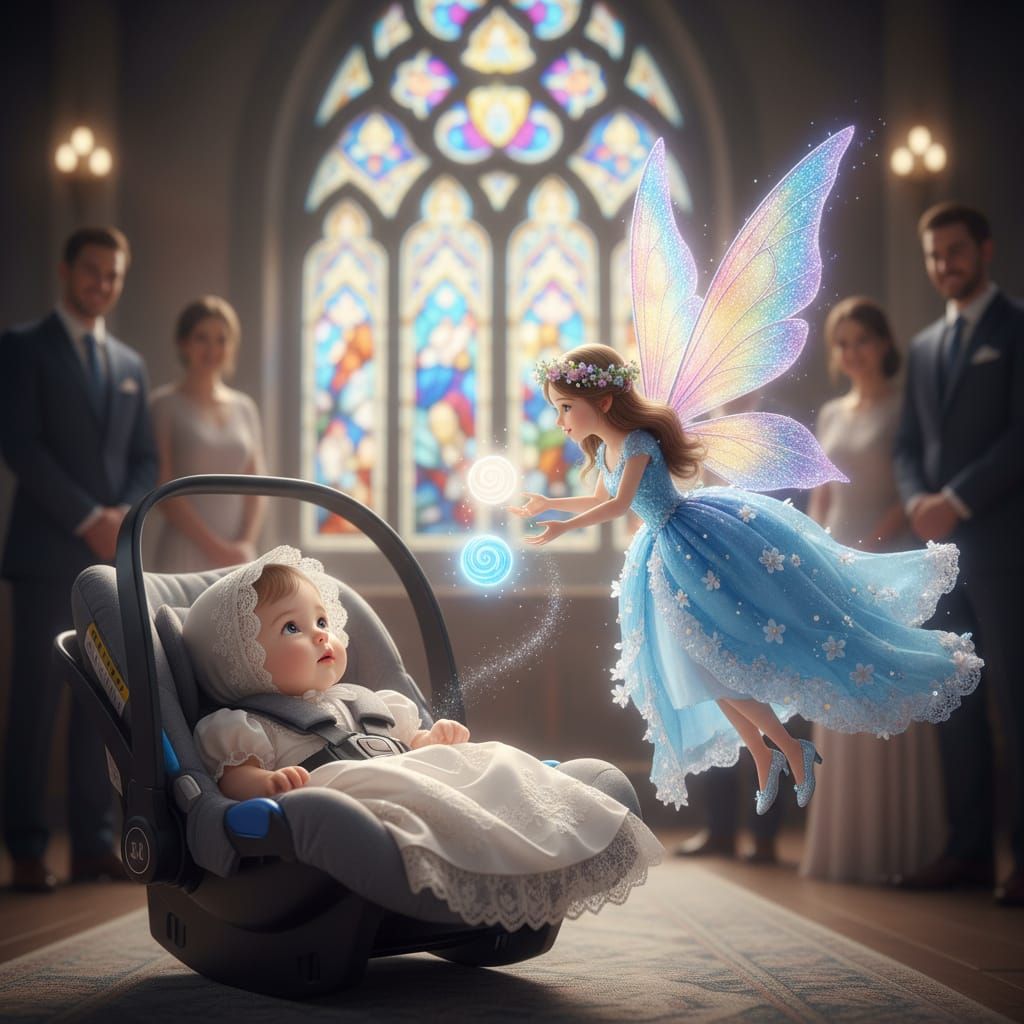 Tiny Fairy Gifts Magic to Baby in Christening Gown