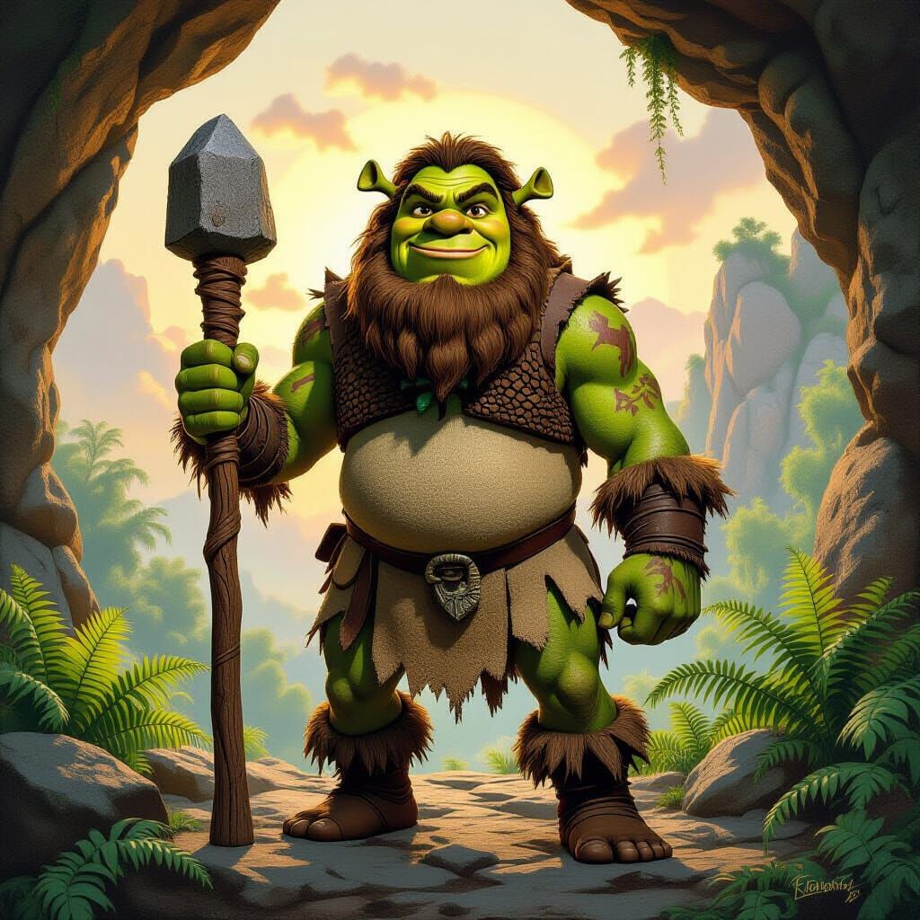 Shrek as Caveman in Fantasy Art Style
