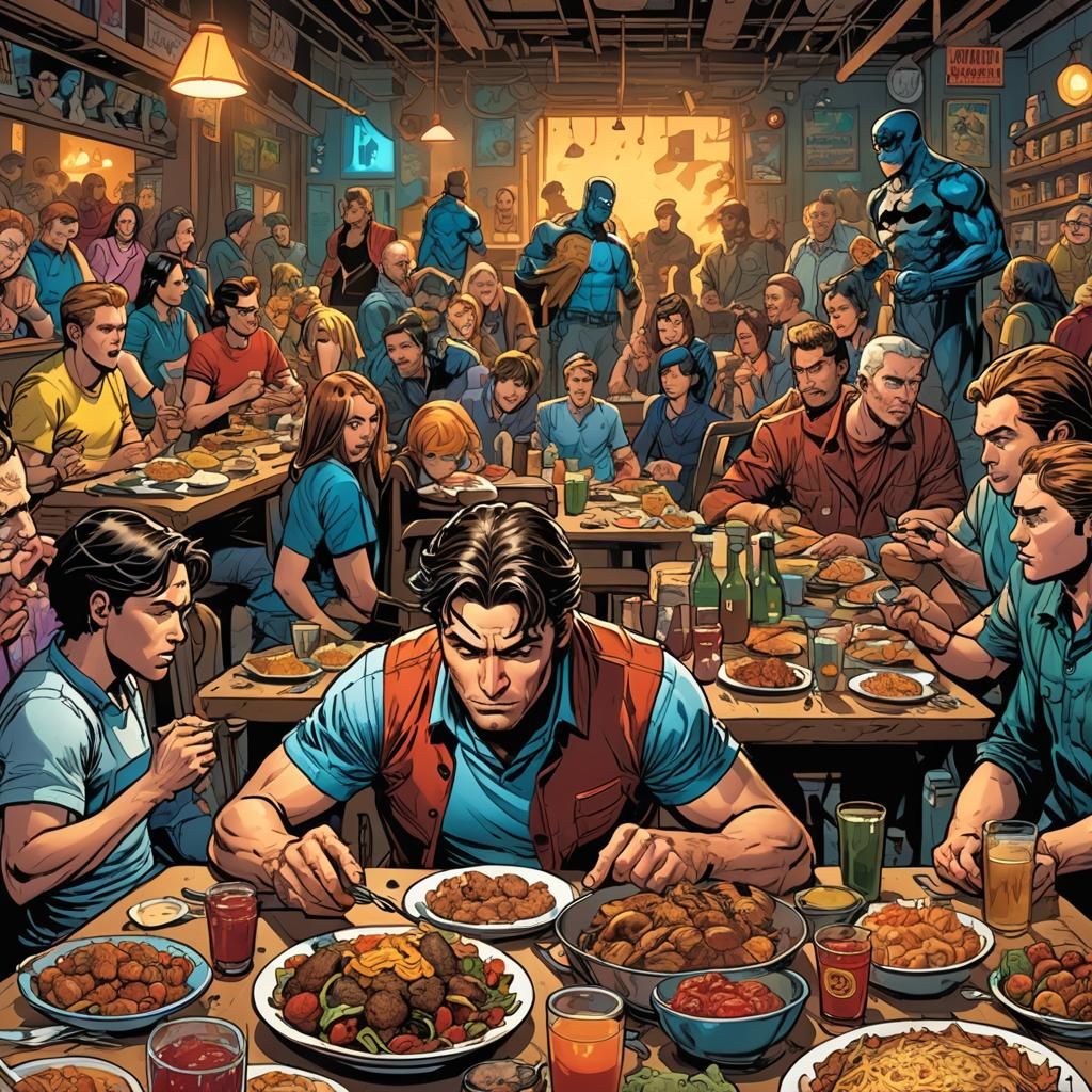 A character eats a large amount of food that was intended to be eaten by a group.