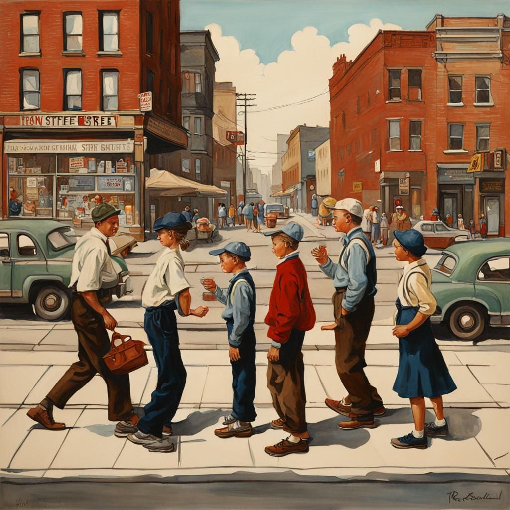 Urban street scene in the style of Norman Rockwell