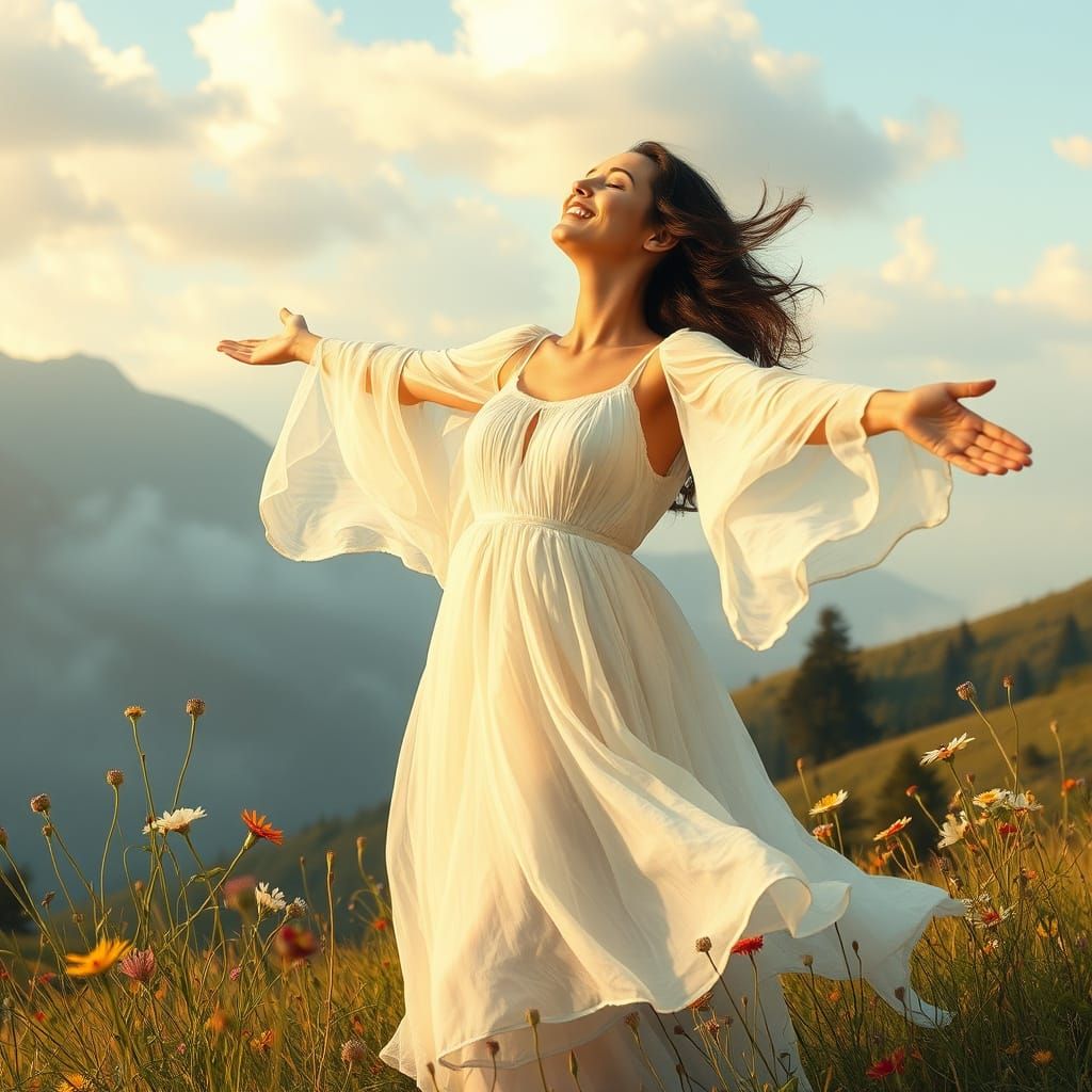 Serene Soul Takes Flight in Dreamy Mountain Meadow