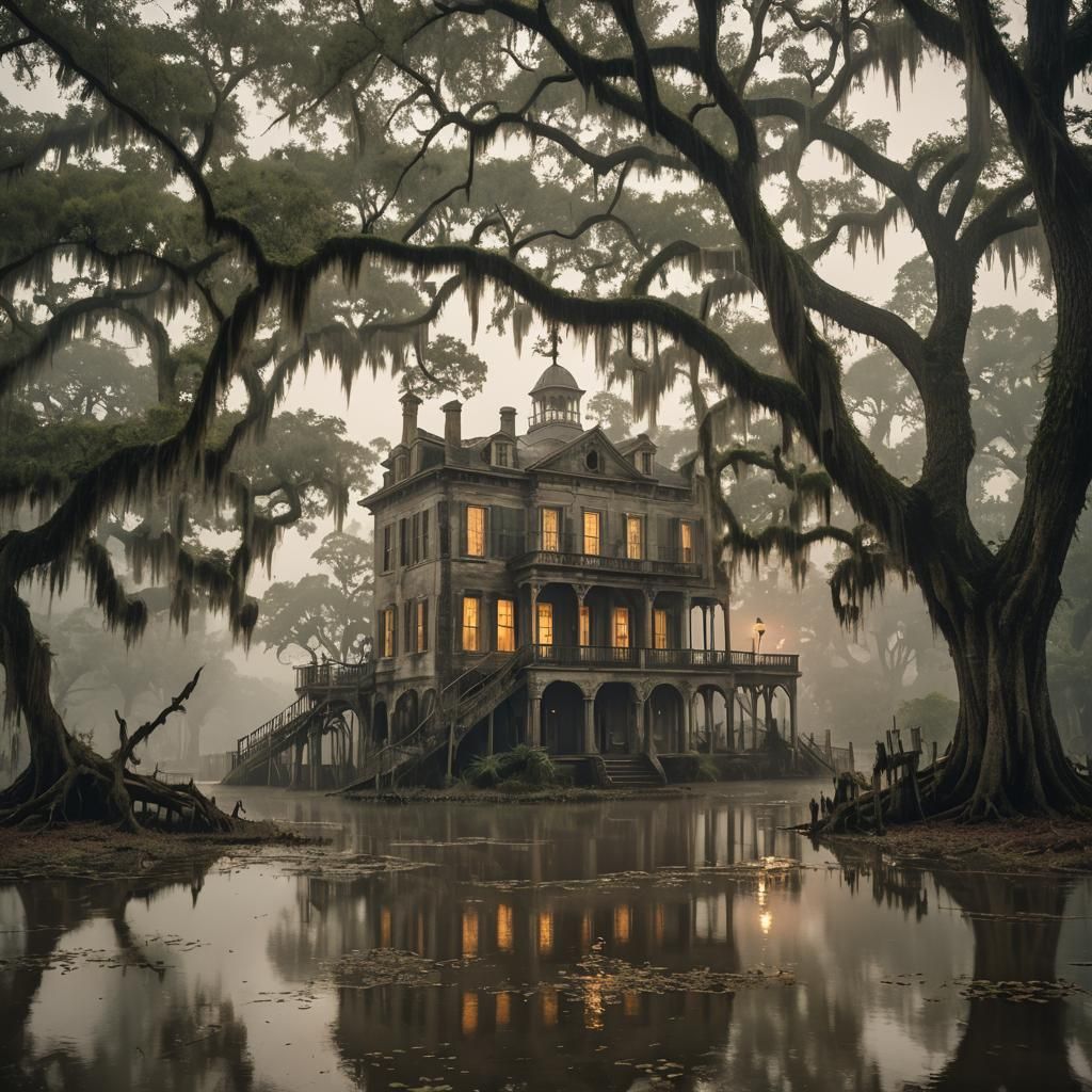 Creepy Haunted Mansion in Foggy Louisiana Bayou